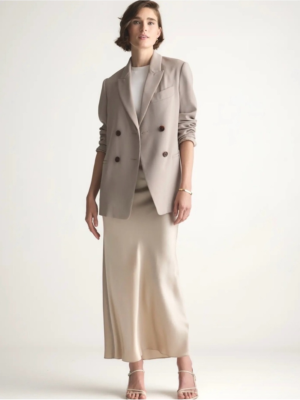 Quince Luxury Modern Feminine 100% Silk Champagne Satin Pull On Midi Skirt Sz M - Picture 2 of 16